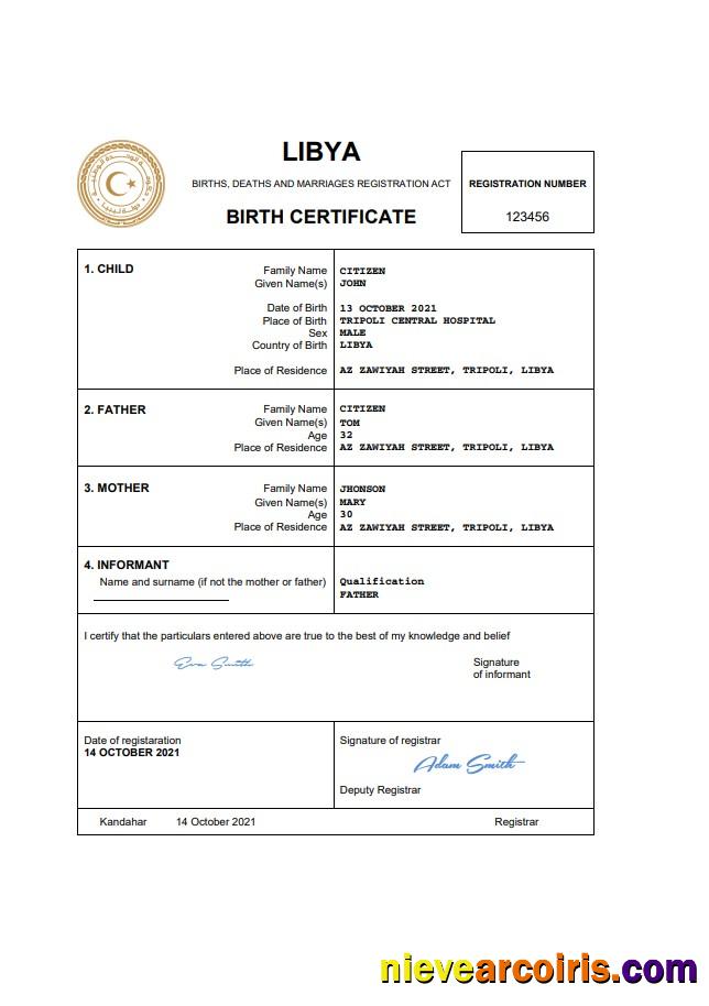 Libya birth certificate